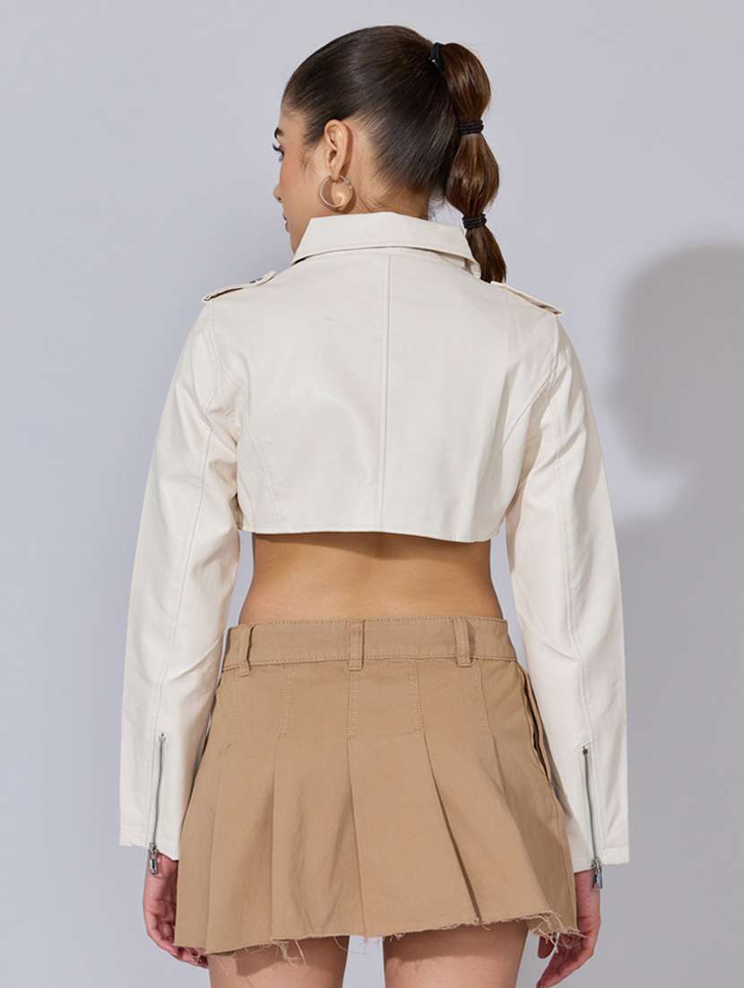 women solid long sleeve crop leatherette jacket - 22396184 -  Standard Image - 3