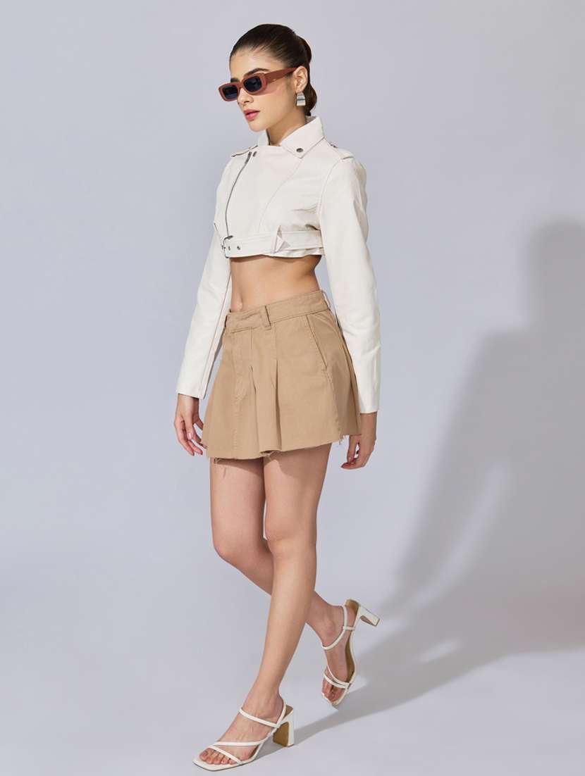 women solid long sleeve crop leatherette jacket - 22396184 -  Standard Image - 5