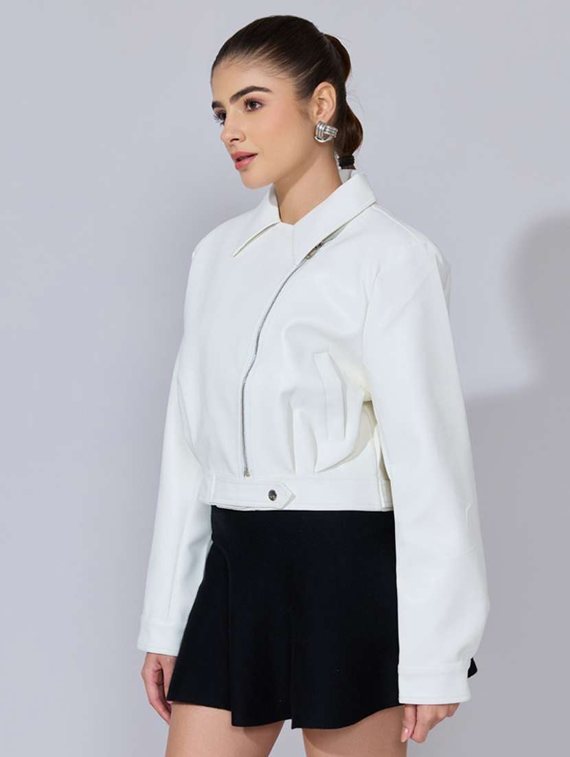 women solid long sleeve leatherette biker jacket - 22396185 -  Standard Image - 3