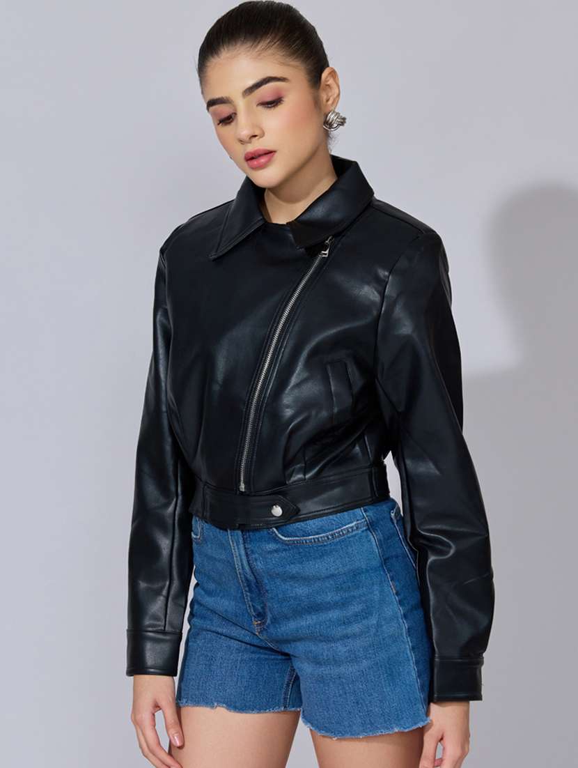 women solid long sleeve leatherette biker jacket - 22396186 -  Standard Image - 3