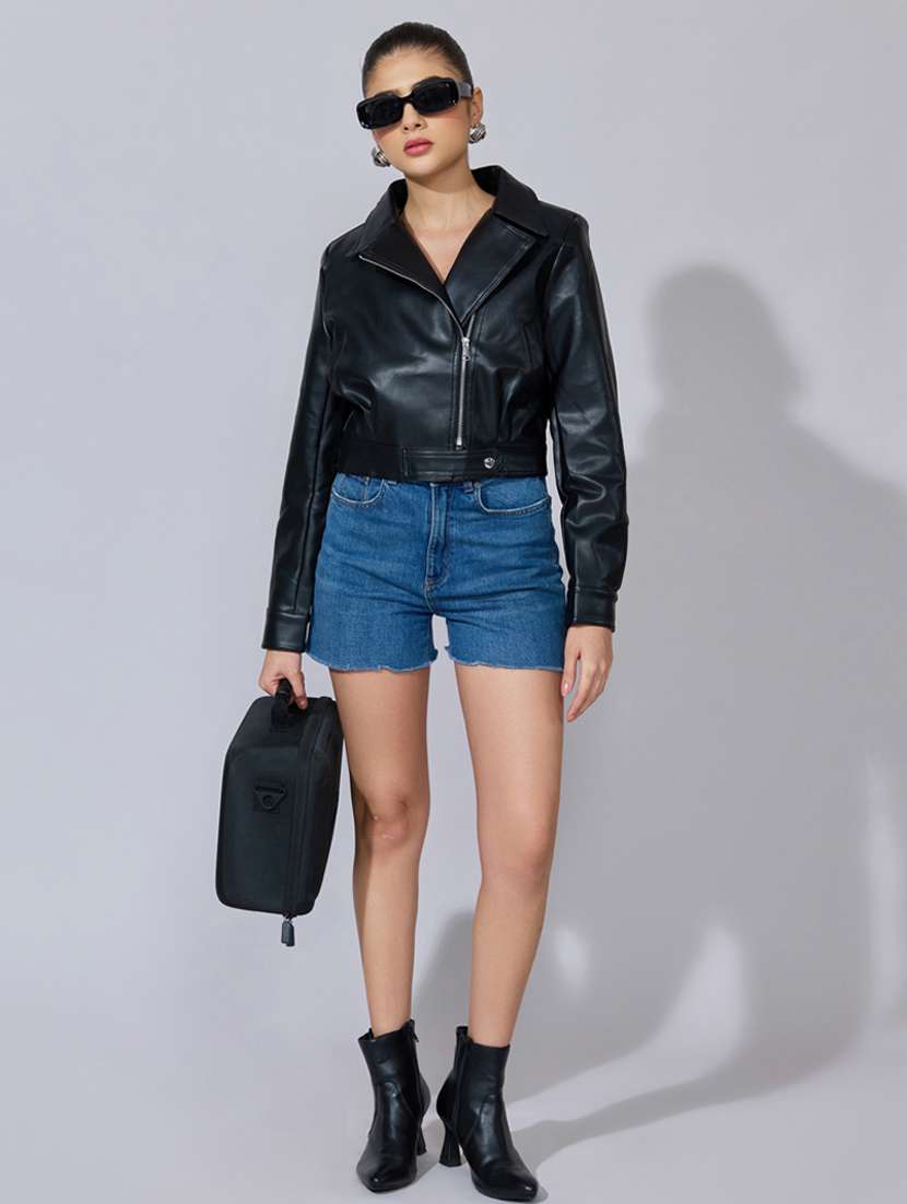 women solid long sleeve leatherette biker jacket - 22396186 -  Standard Image - 5