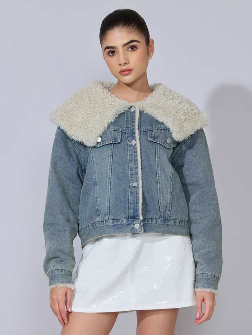 women solid long sleeve denim jacket
