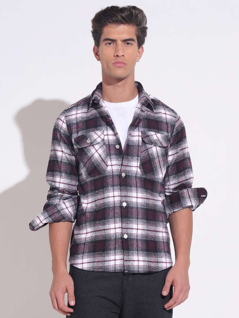 men checkered long sleeve regular fit shacket
