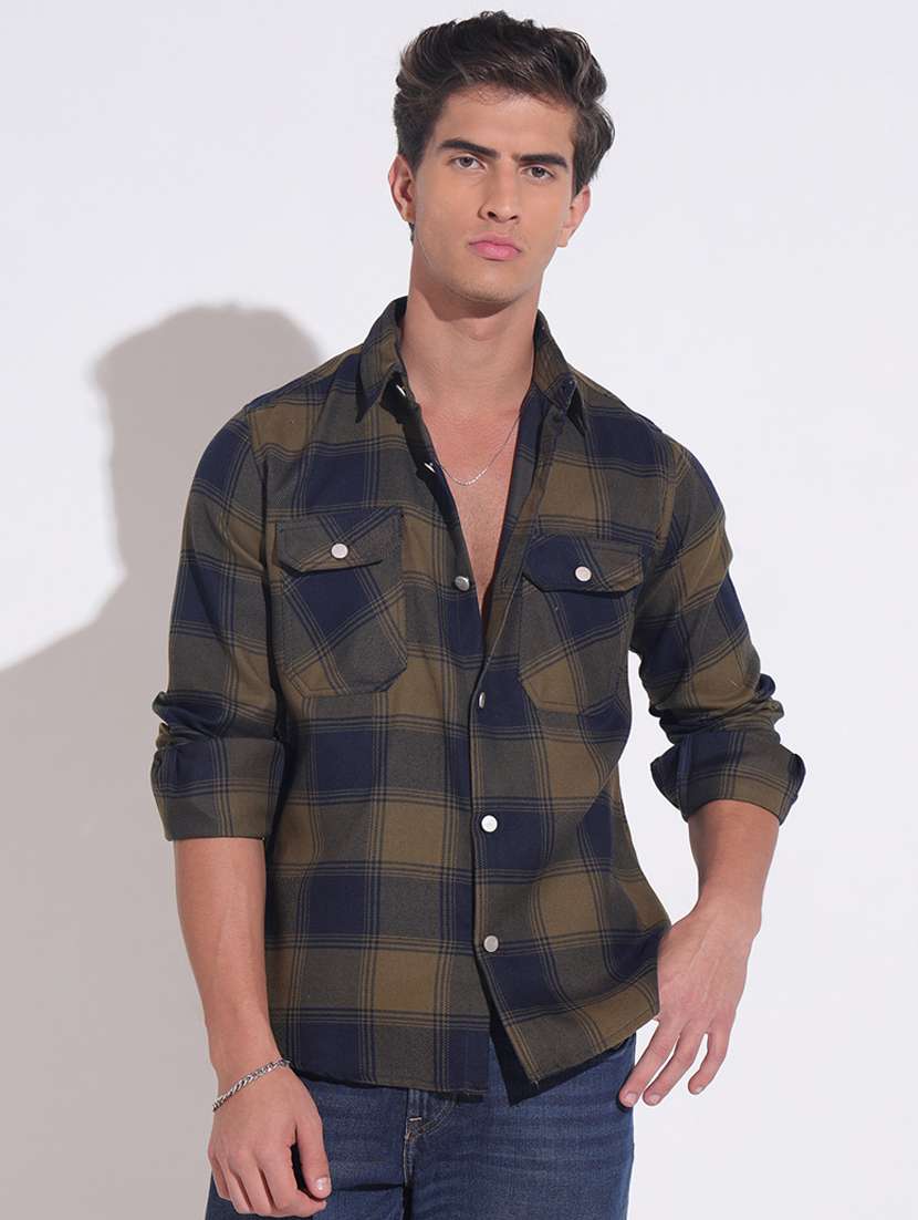 men checkered long sleeve regular fit shacket