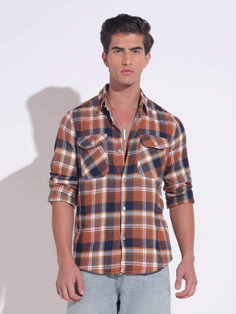 men checkered long sleeve regular fit shacket