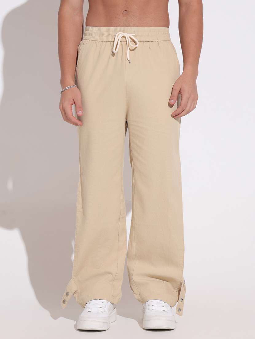 men solid mid rise flat front casual trouser