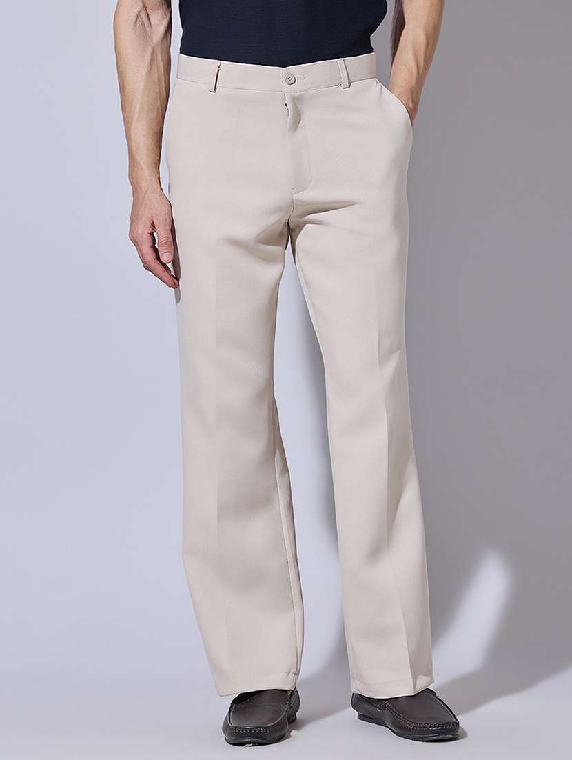 men solid mid rise flat front casual trouser
