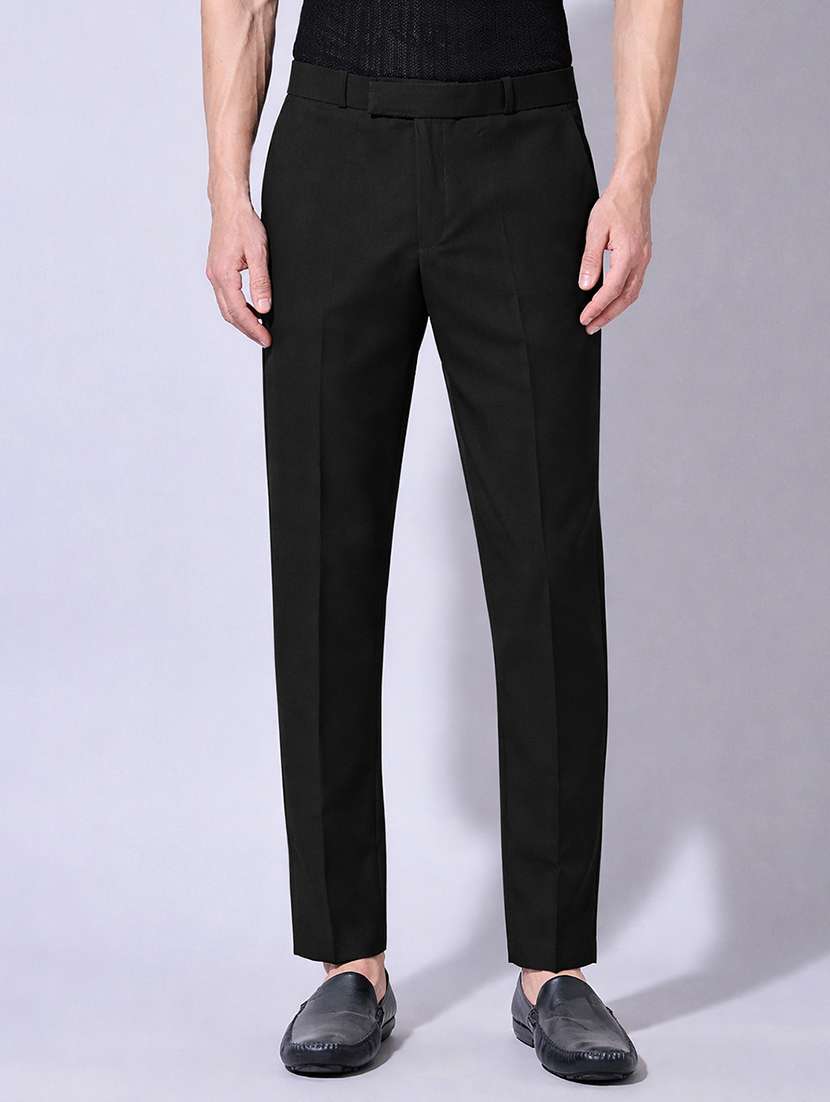 men solid mid rise flat front casual trouser