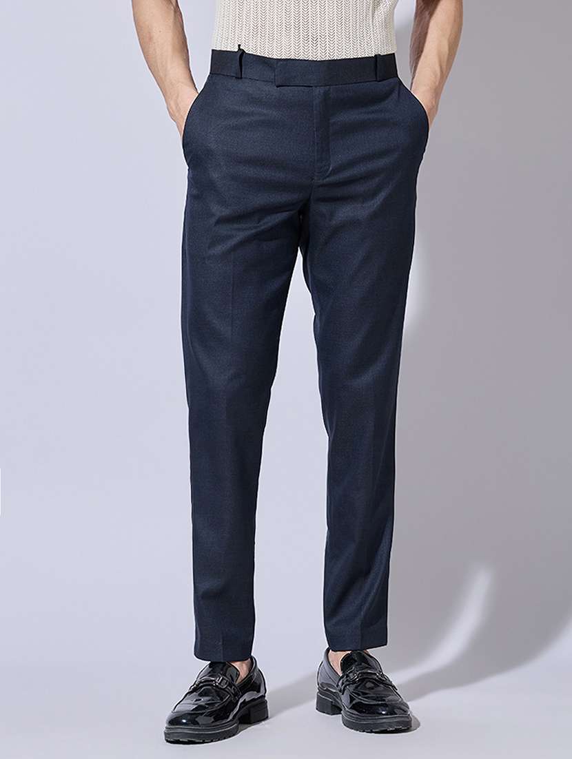 men solid mid rise flat front casual trouser