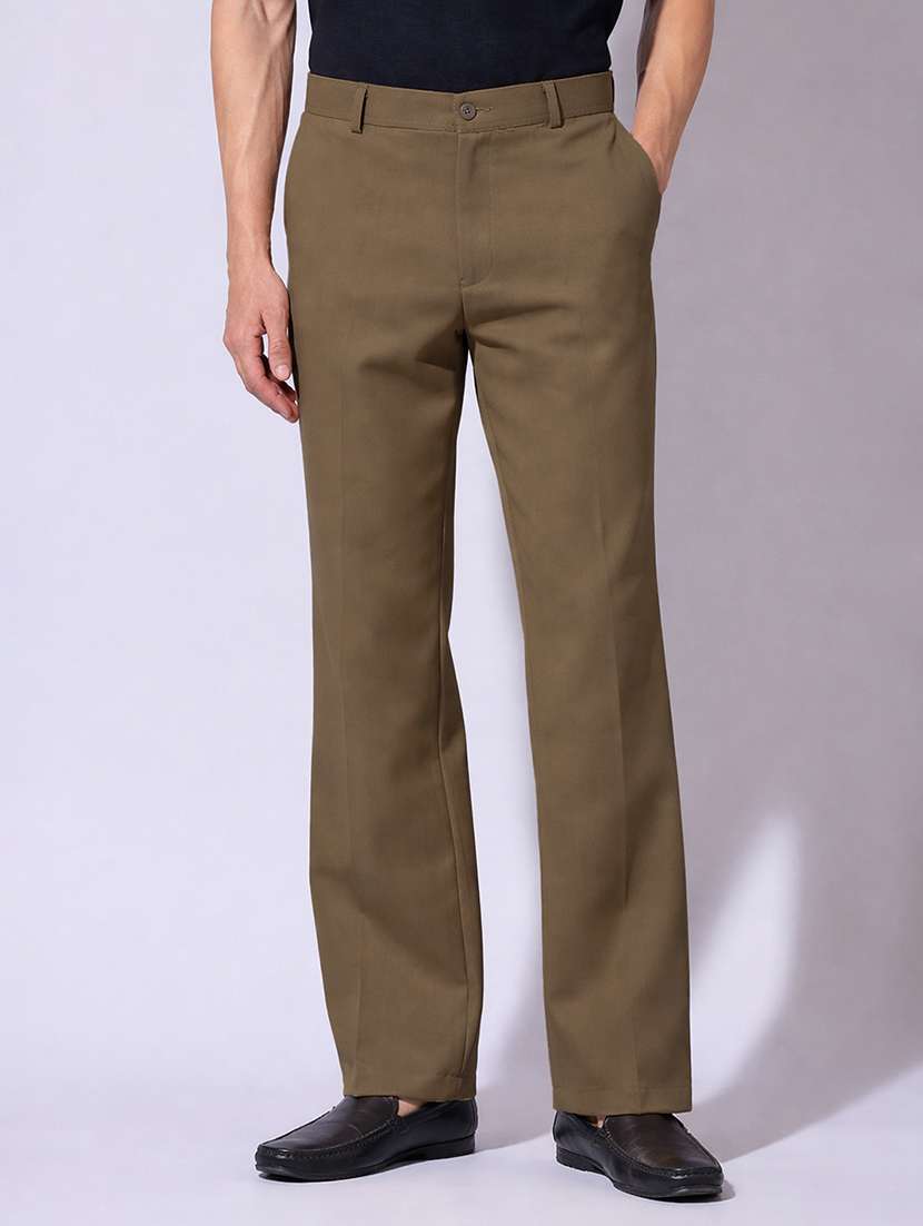 men solid mid rise flat front casual trouser