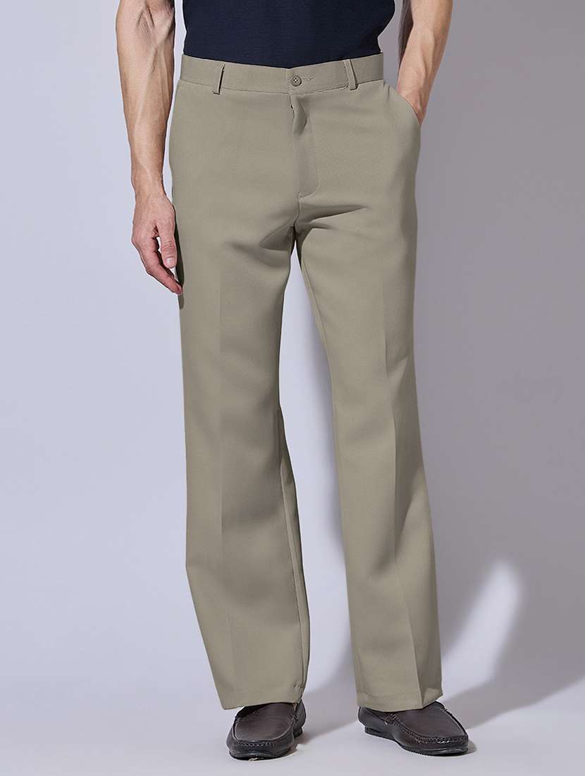 men solid mid rise flat front casual trouser