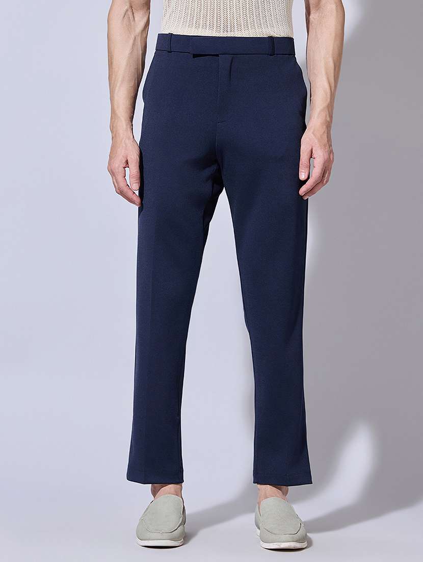 men solid mid rise flat front casual trouser