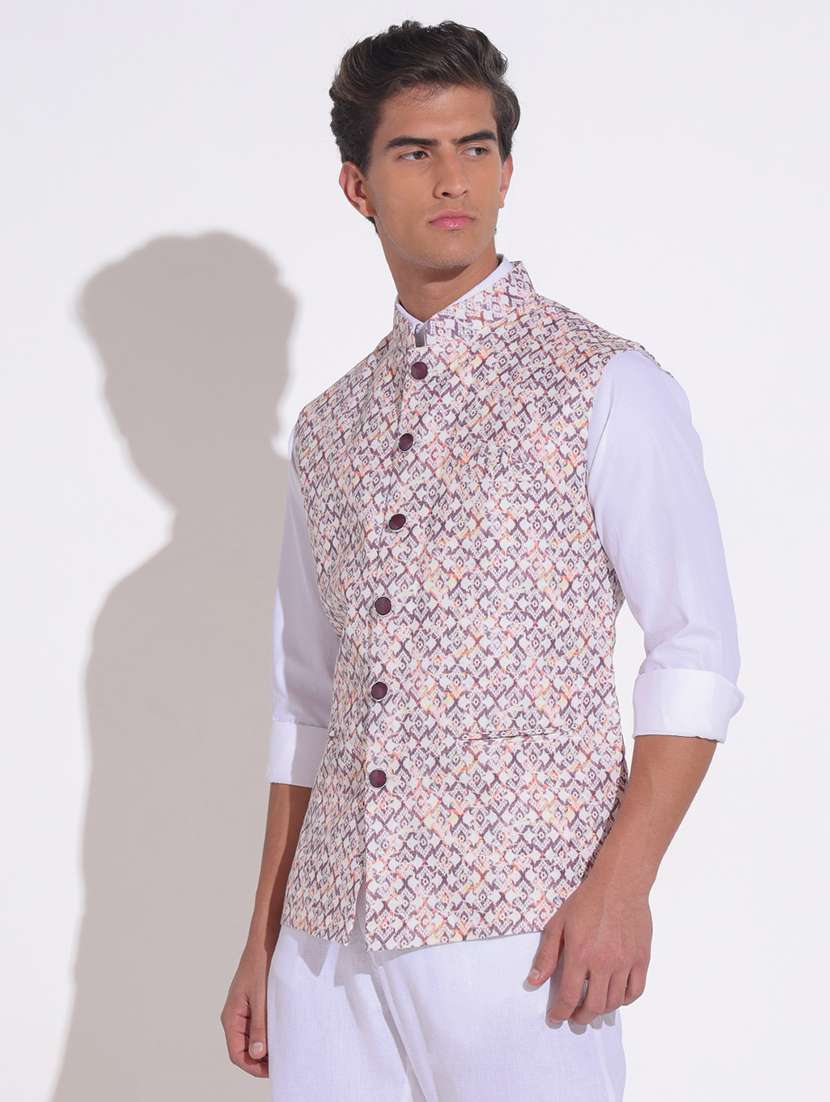 men printed mandarin neck nehru jacket - 22396237 -  Standard Image - 3