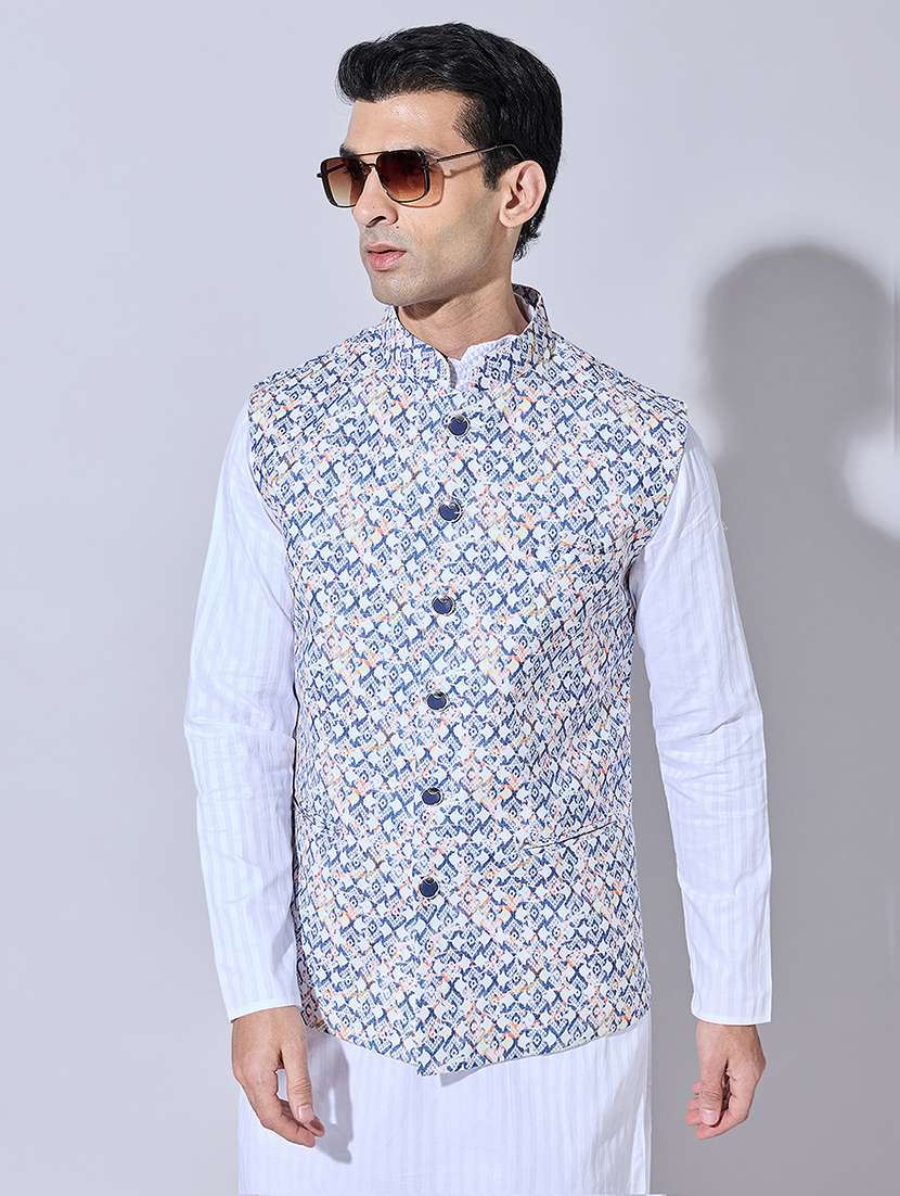 men printed mandarin neck nehru jacket