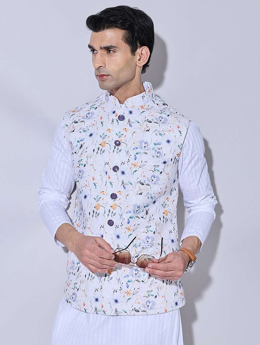 men printed mandarin neck nehru jacket