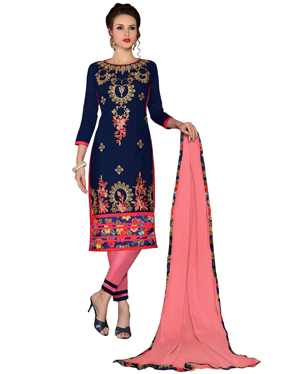 women solid with work unstitched suit set