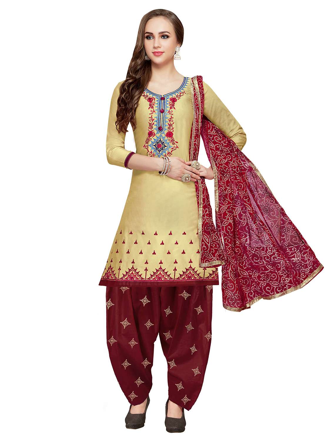 women solid with work unstitched suit set