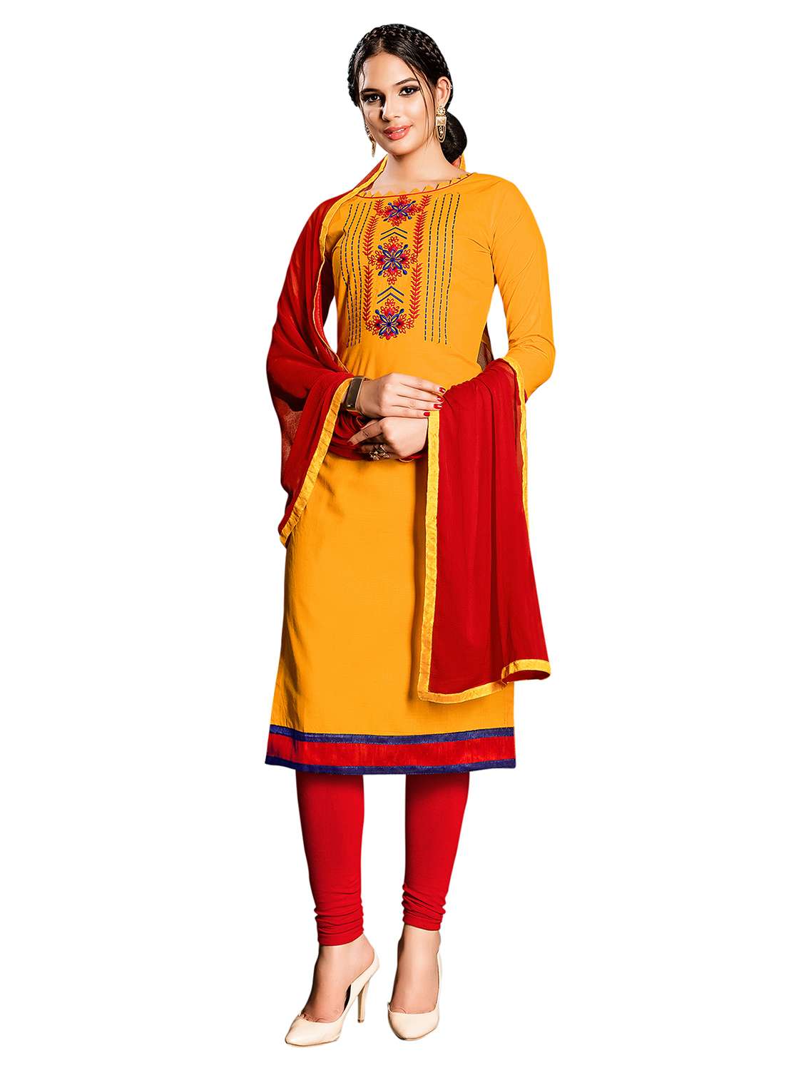 women solid with work unstitched suit set