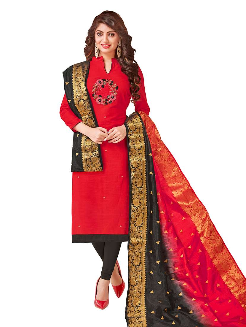 women solid with work unstitched suit set