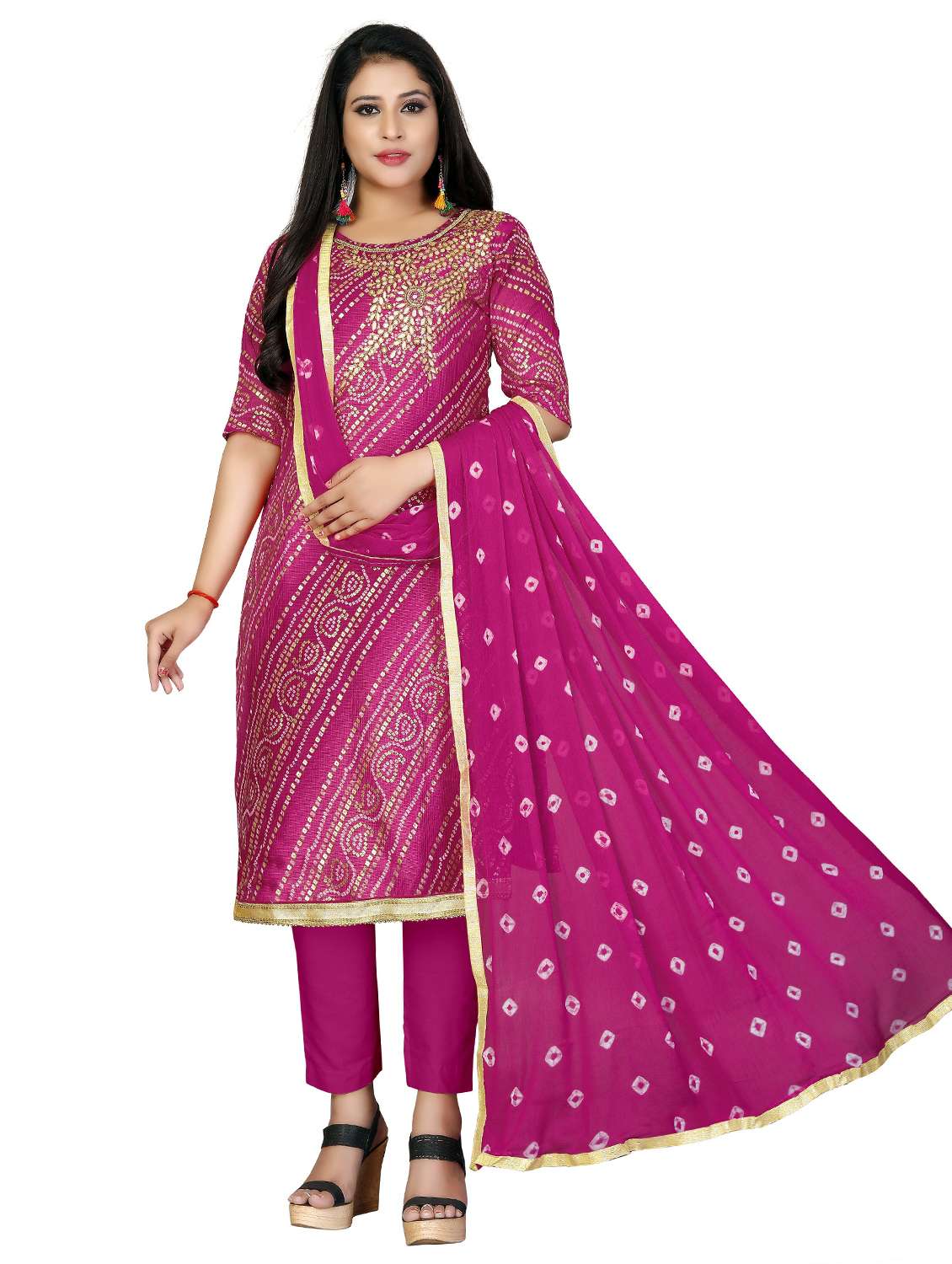 women bandhani printed unstitched suit set