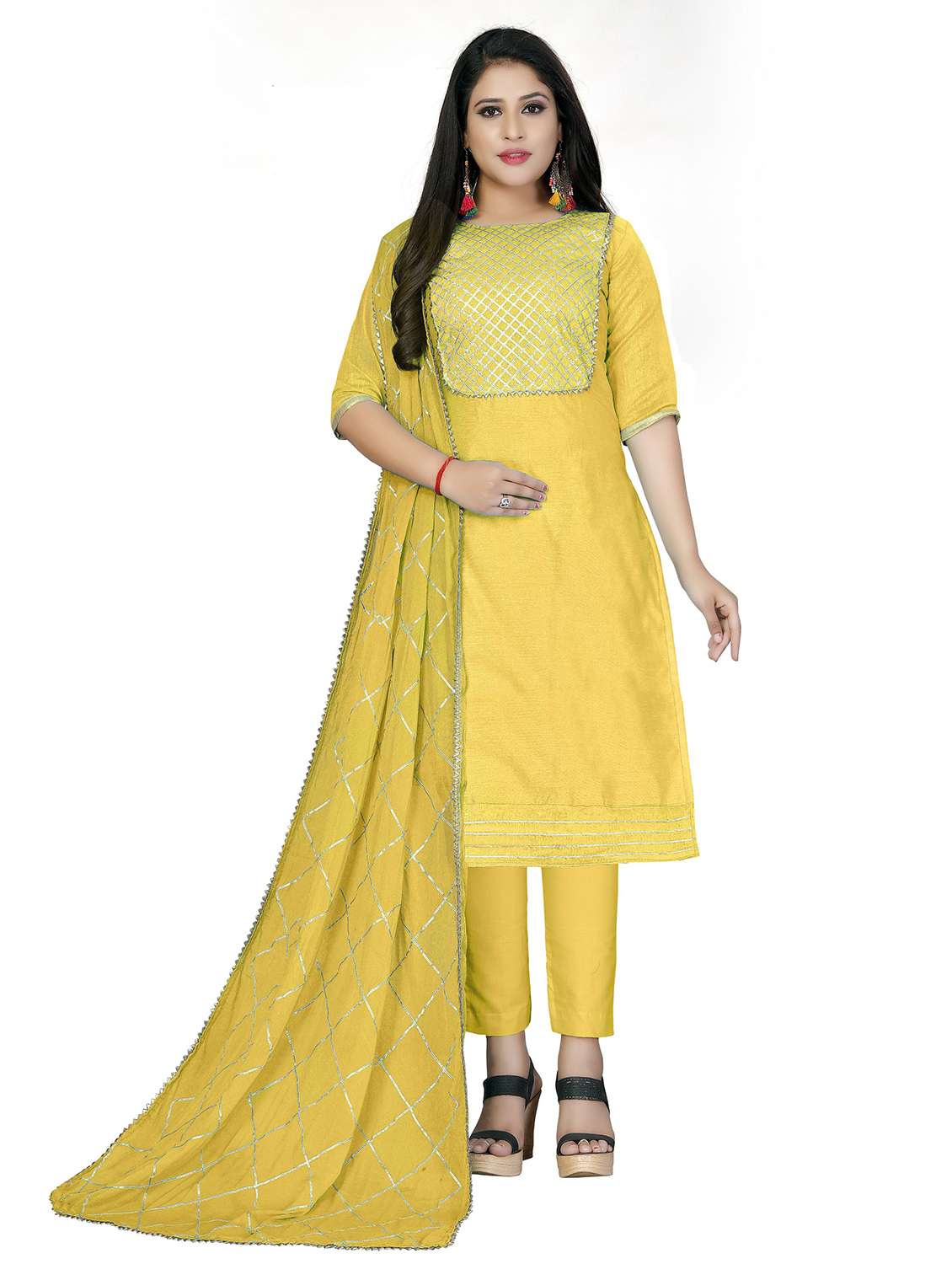 women solid with work unstitched suit set