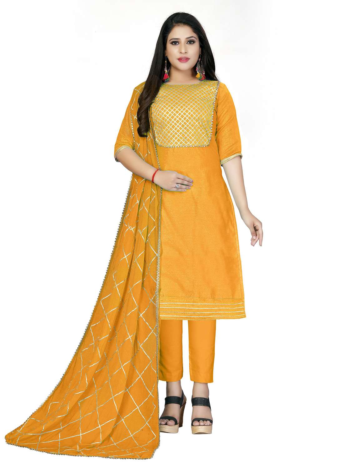 women solid with work unstitched suit set