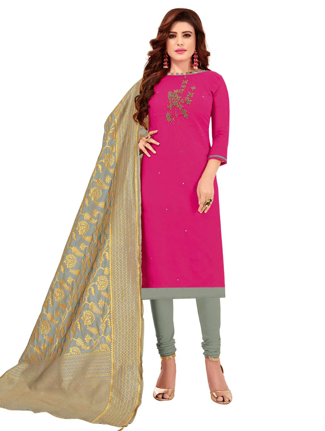 women solid with work unstitched suit set