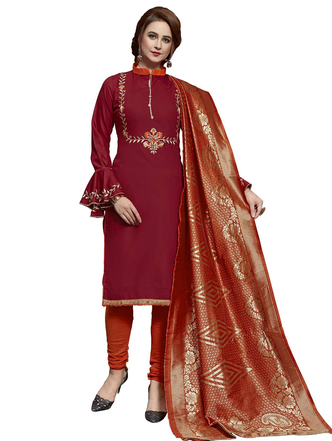 women solid with work unstitched suit set