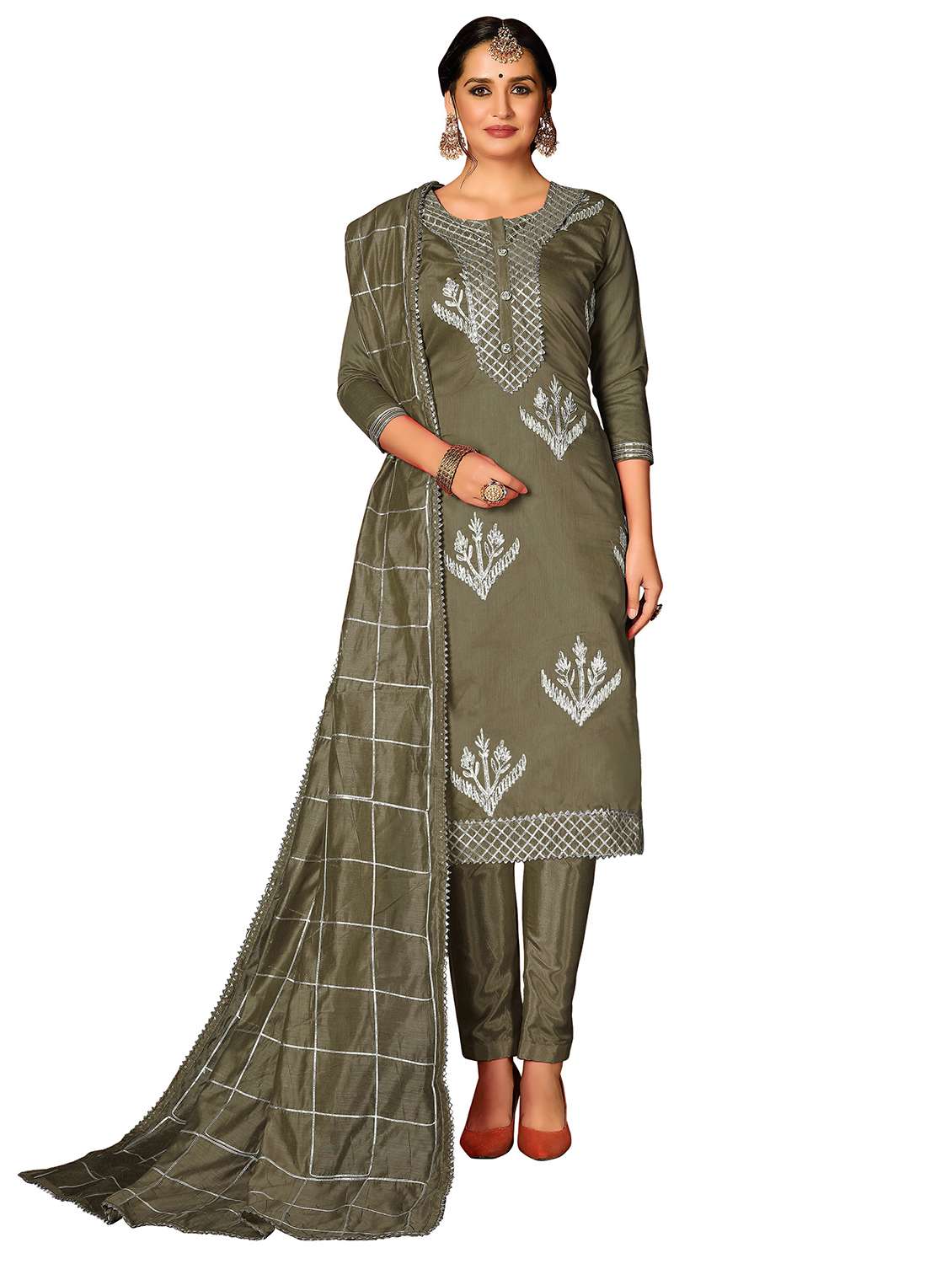 women solid with work three quarter sleeve kurta pant with dupatta set
