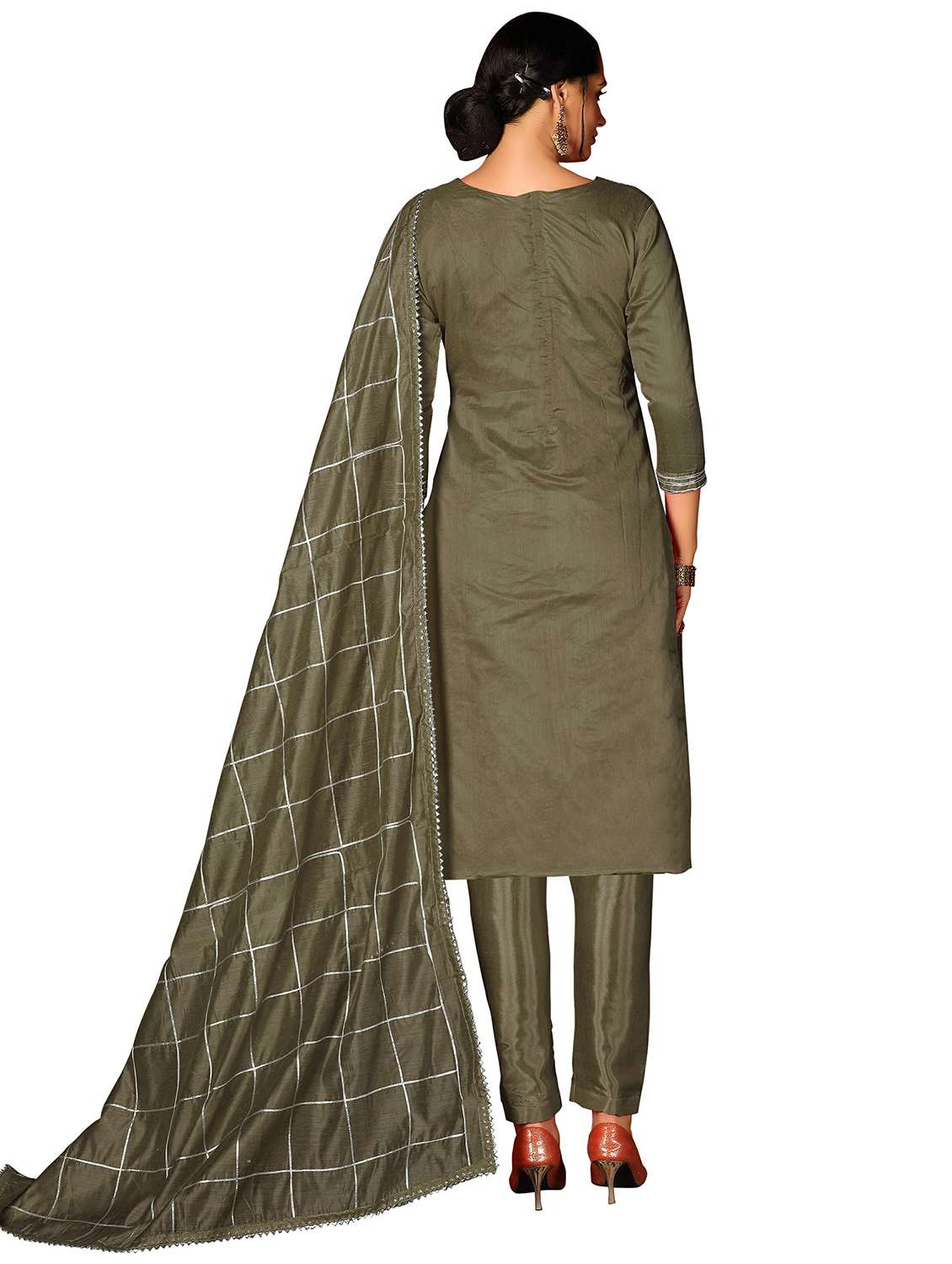 women solid with work three quarter sleeve kurta pant with dupatta set - 22396932 -  Standard Image - 3