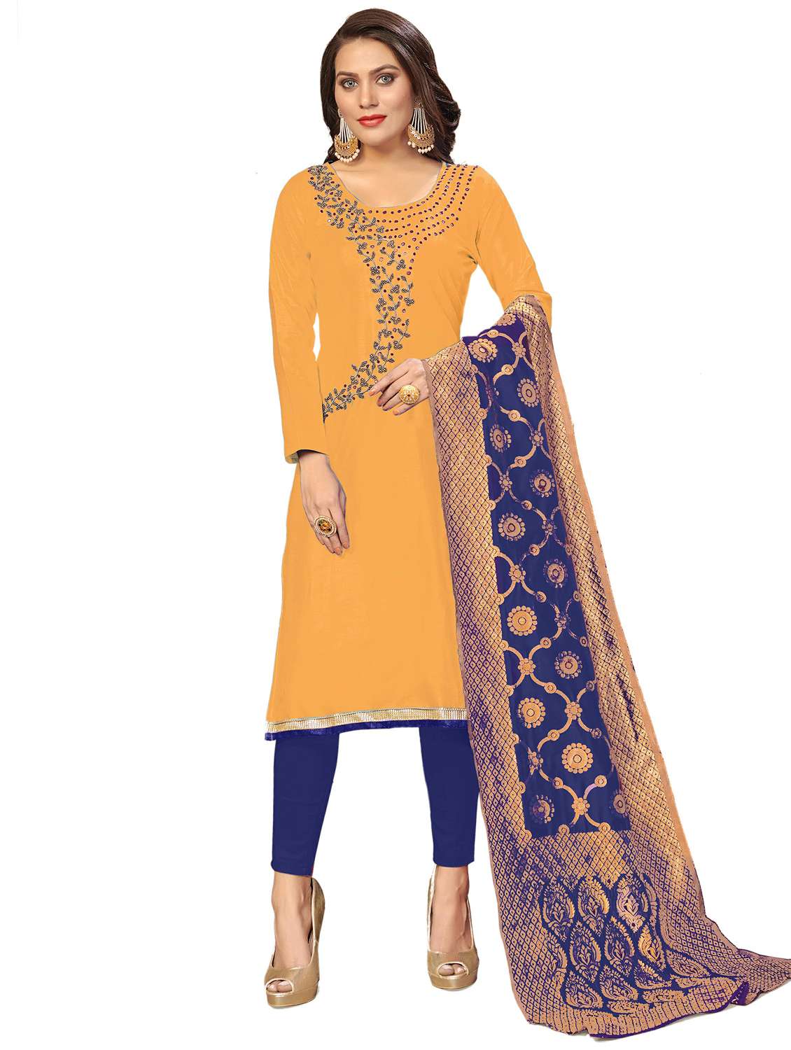 women solid with work unstitched suit set