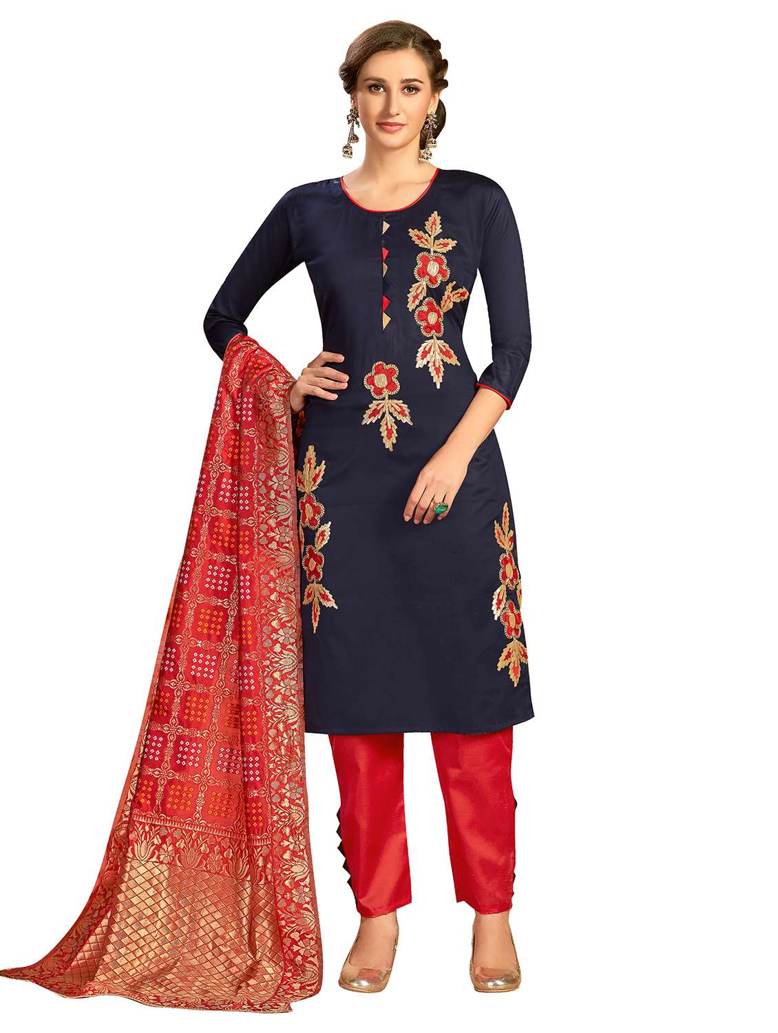 women solid with work unstitched suit set