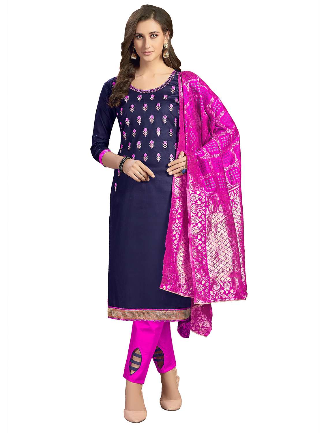 women solid with work unstitched suit set