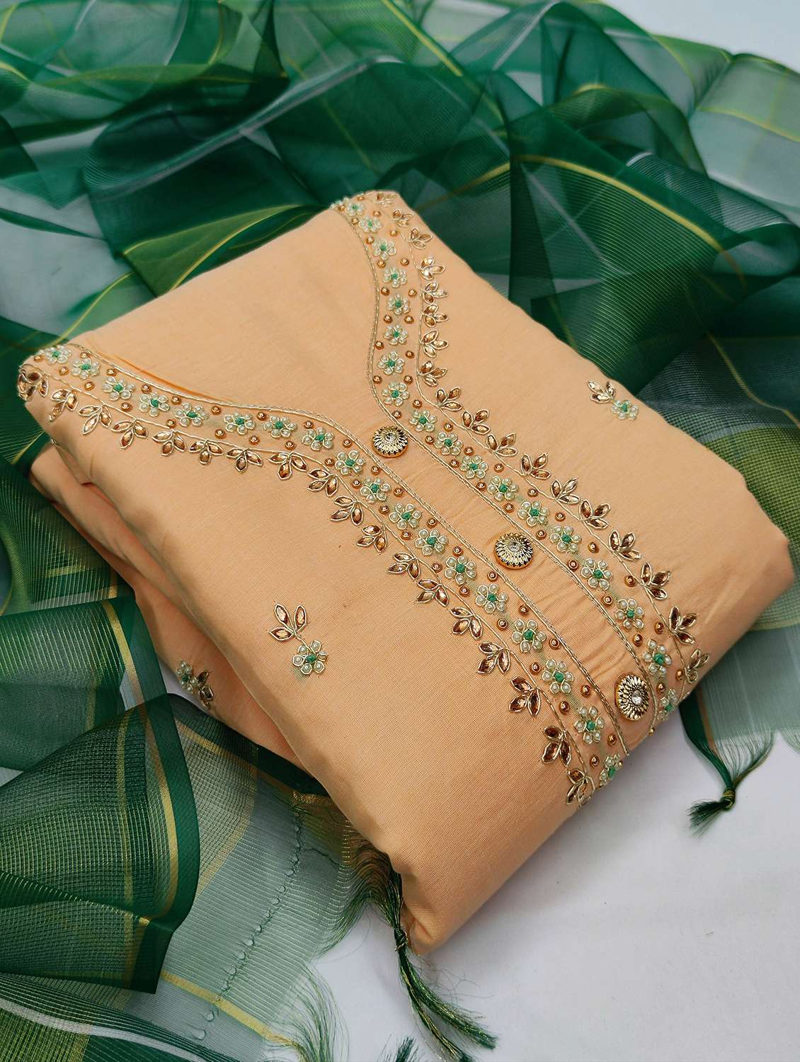 women solid with work unstitched suit set