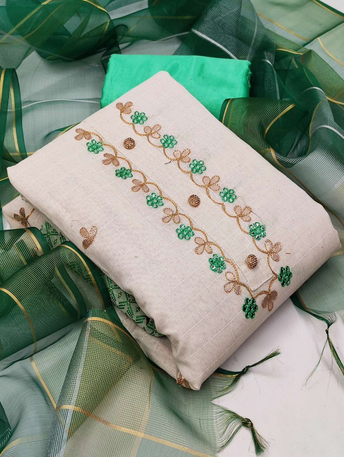 women solid with work unstitched suit set