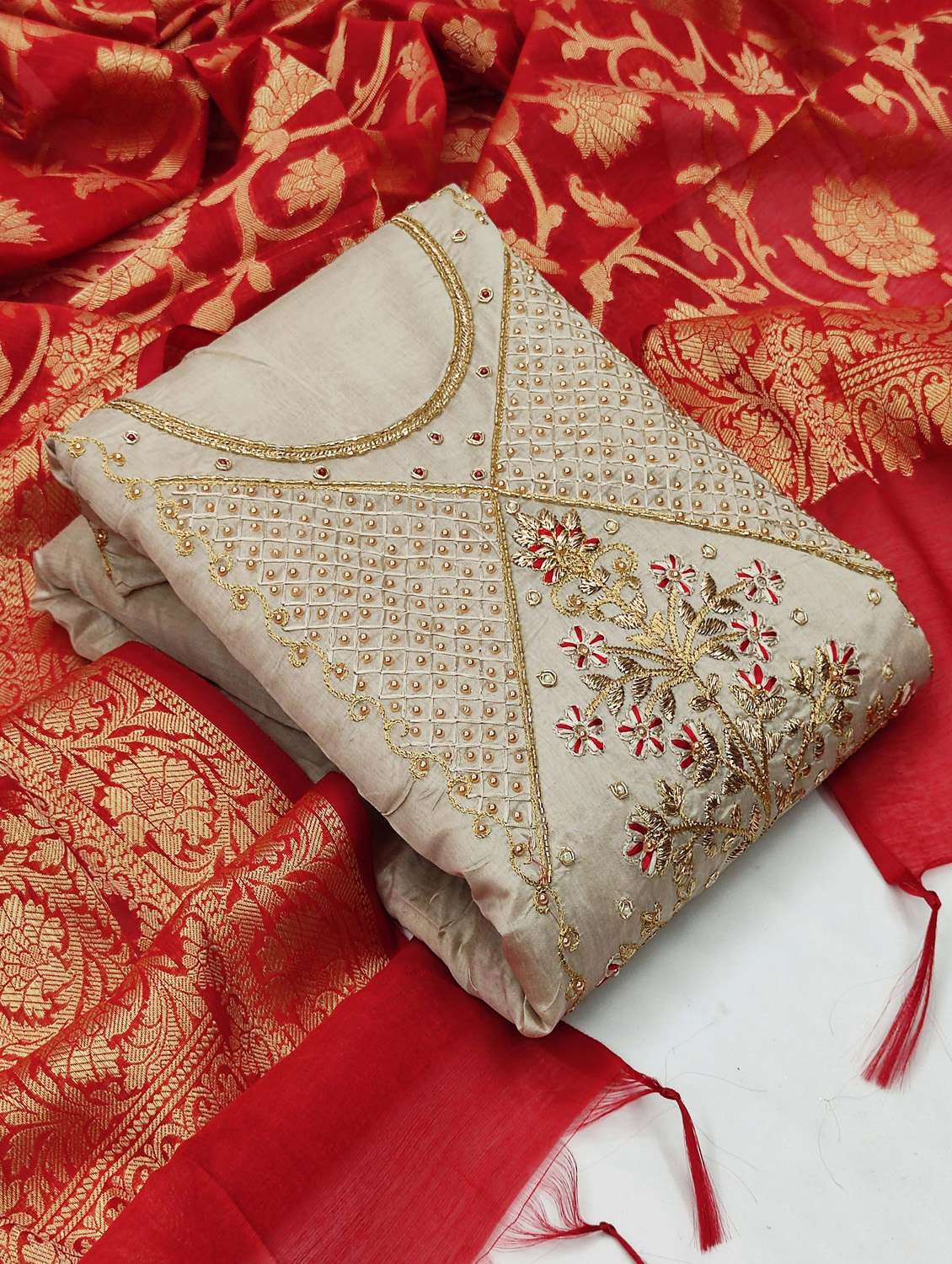 women solid with work unstitched suit set