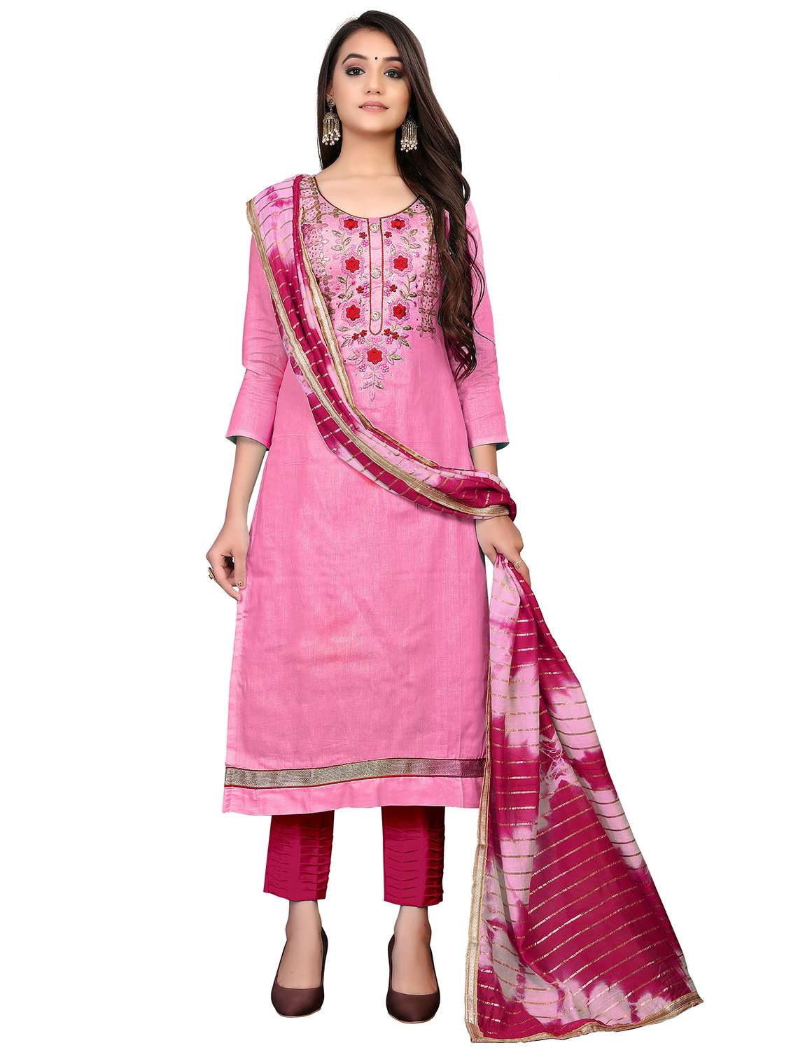 women solid with work unstitched suit set
