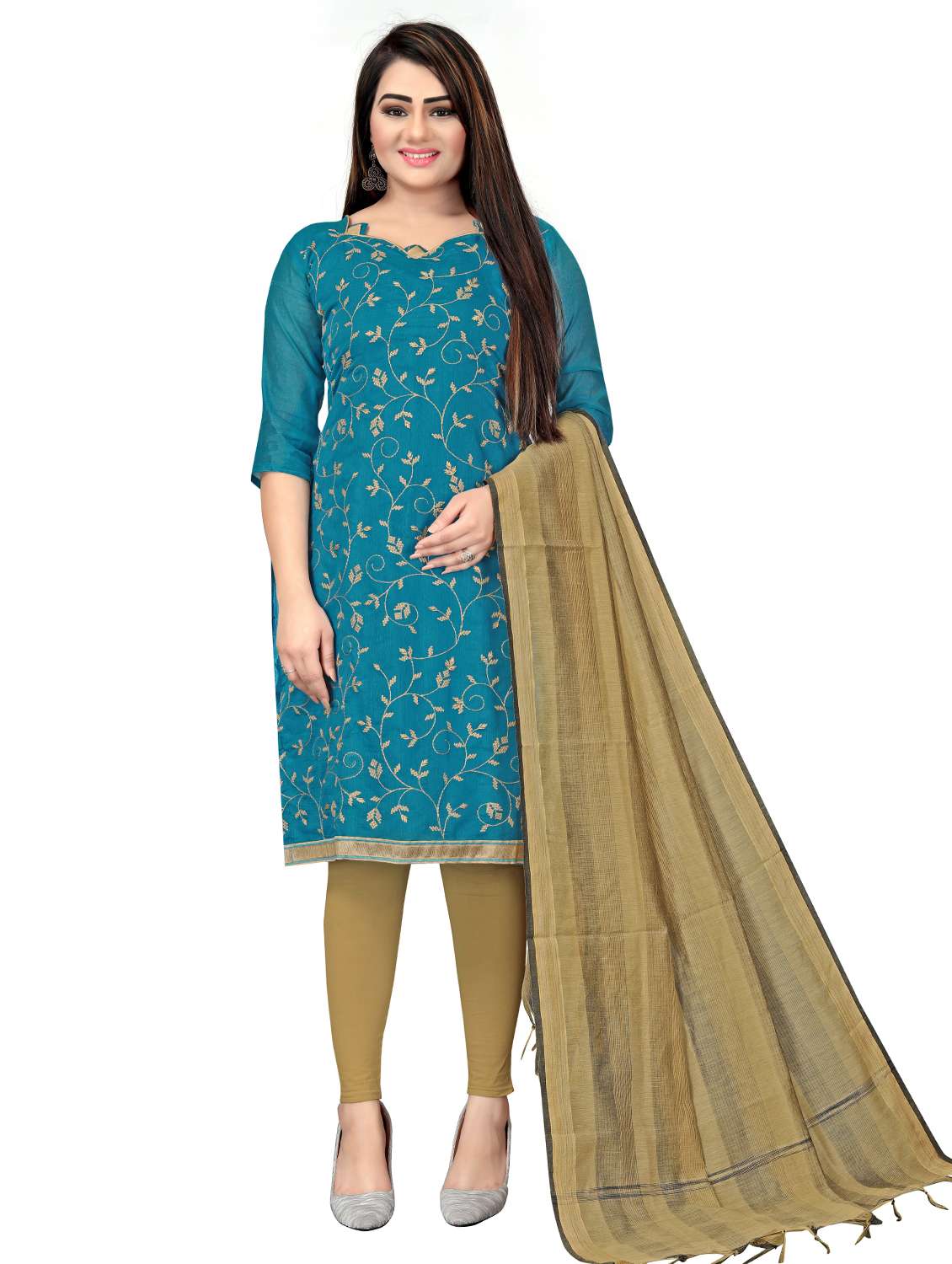 women solid with work unstitched suit set