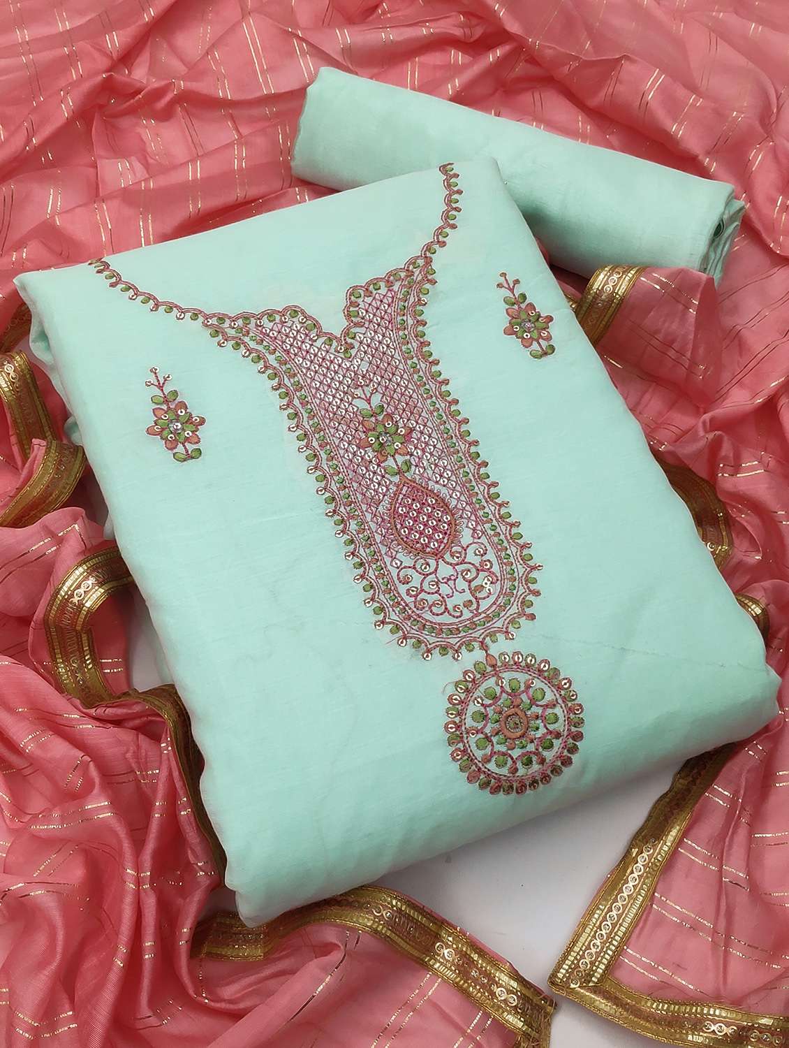 women solid with work unstitched suit set