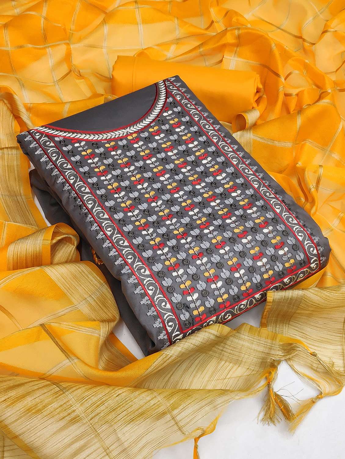 women solid with work unstitched suit set