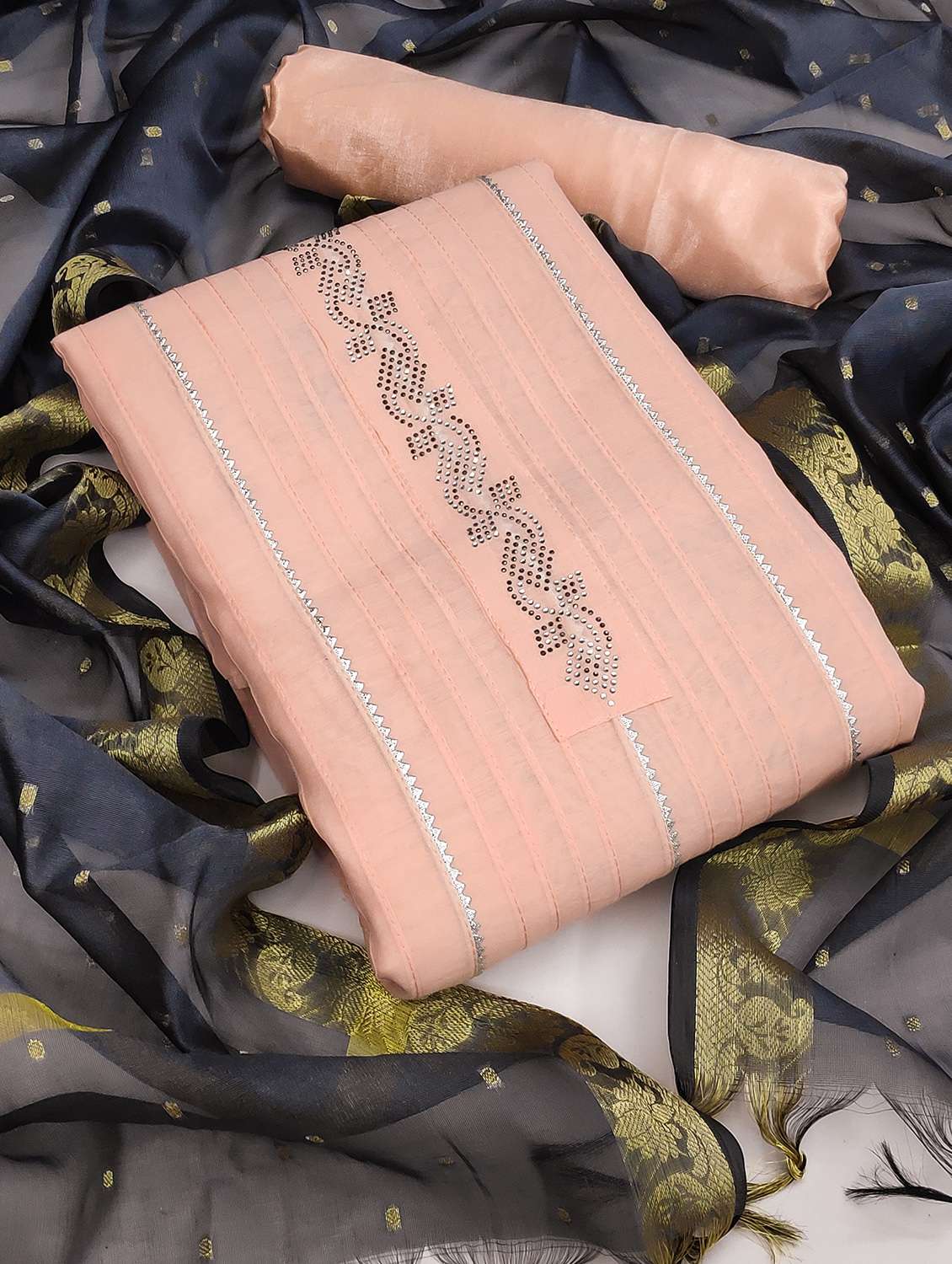 women solid with work unstitched suit set