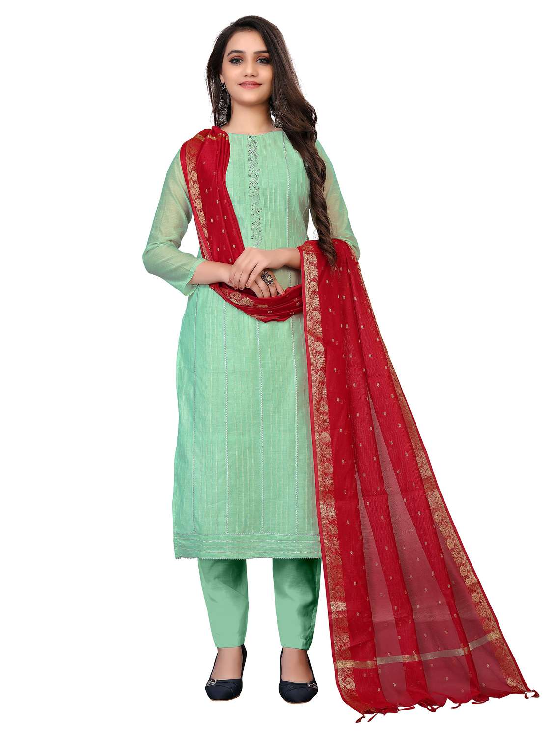 women solid with work unstitched suit set