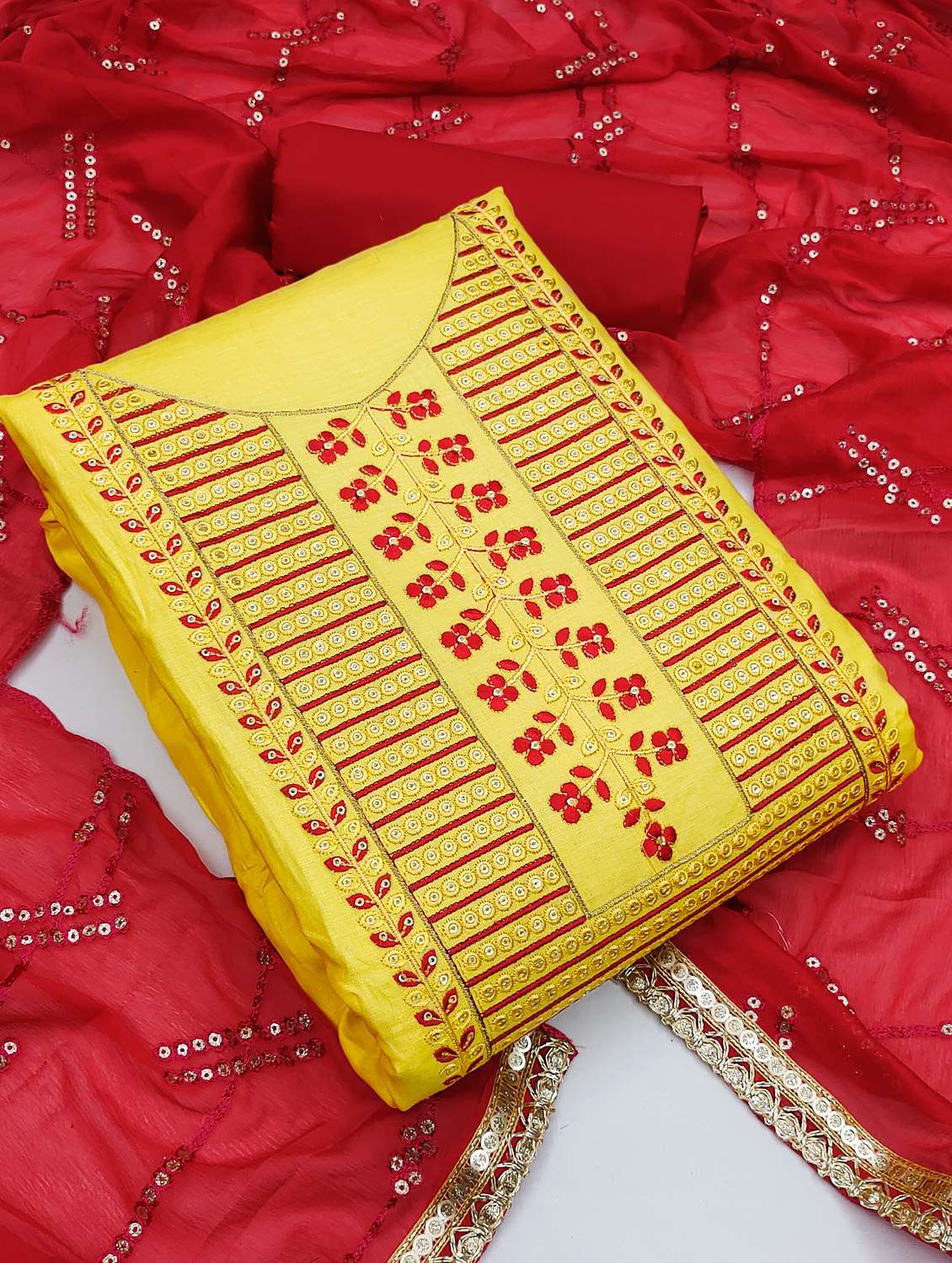 women solid with work unstitched suit set