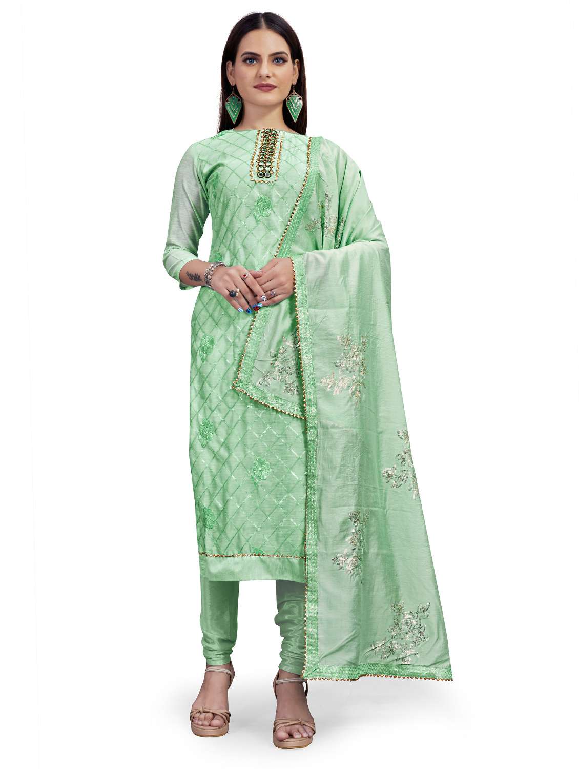 women solid with work unstitched suit set