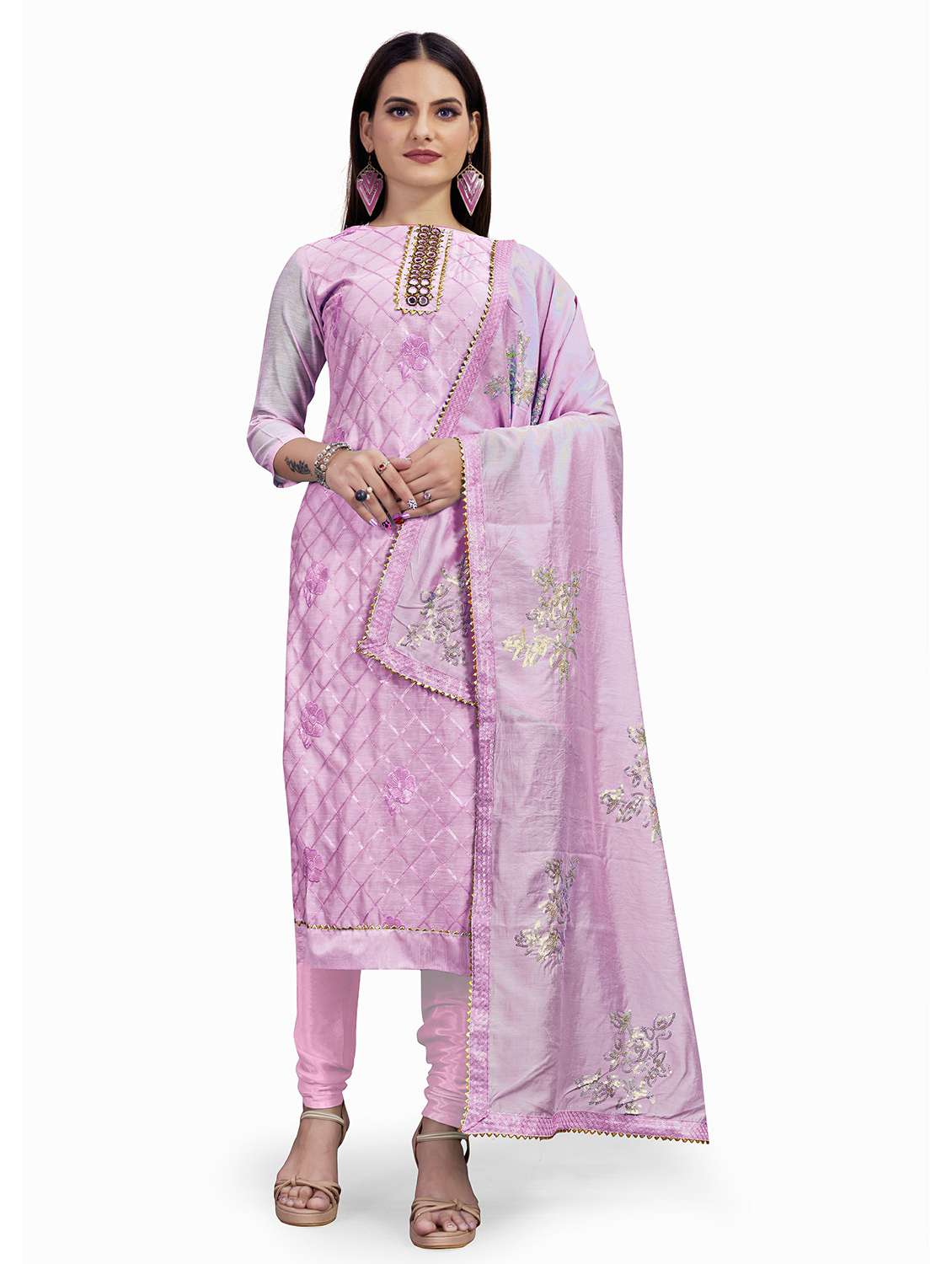 women solid with work unstitched suit set