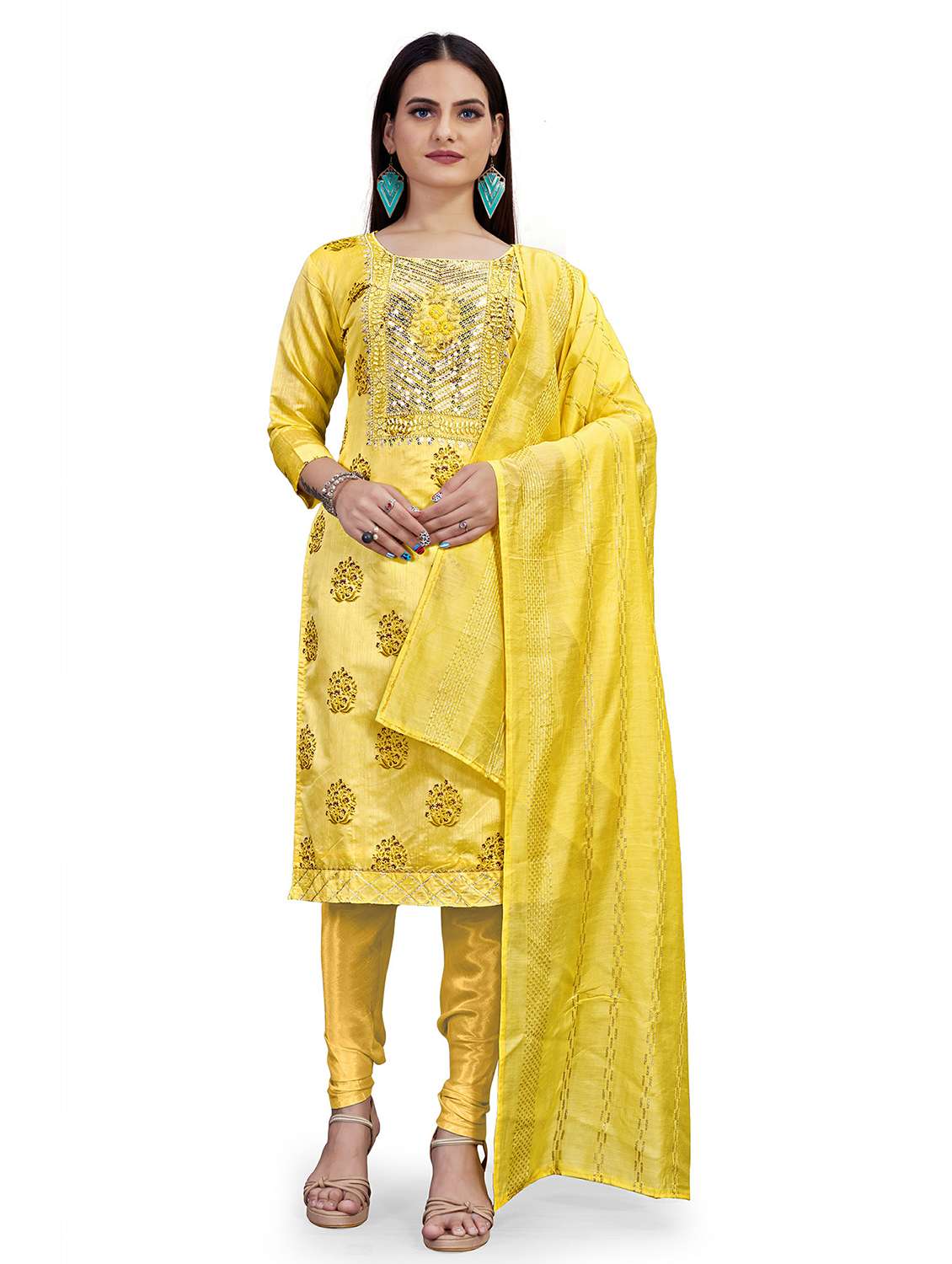 women solid with work unstitched suit set