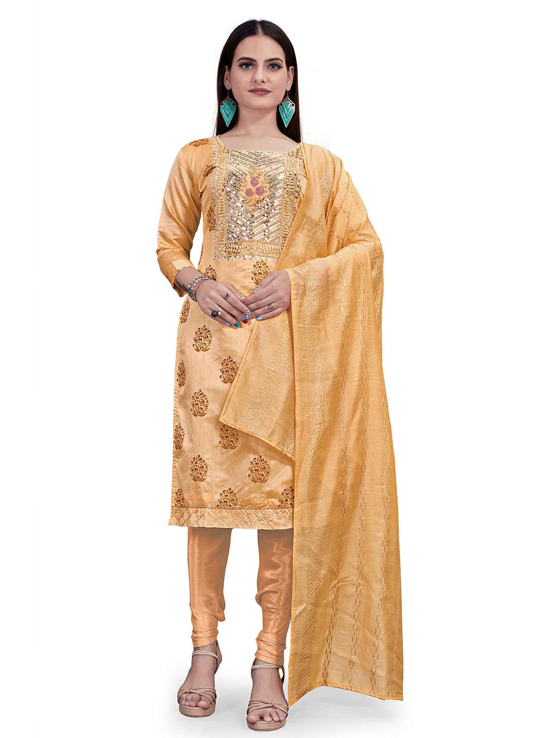 women solid with work unstitched suit set