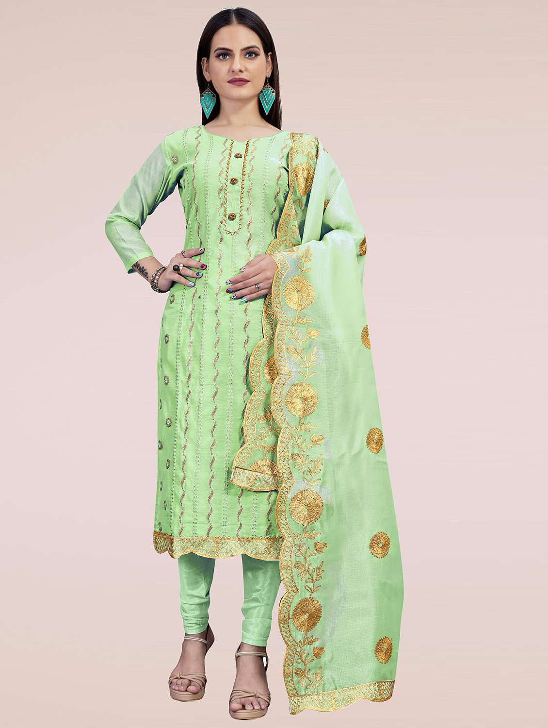 women solid with work unstitched suit set