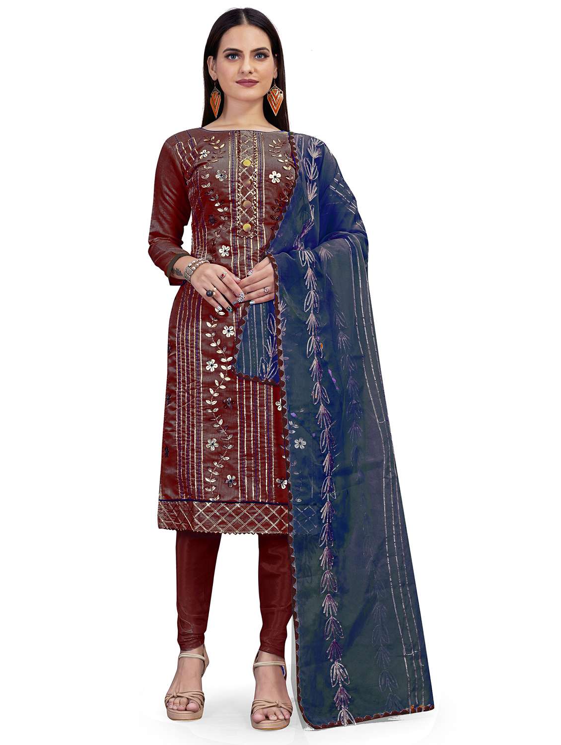 women solid with work unstitched suit set