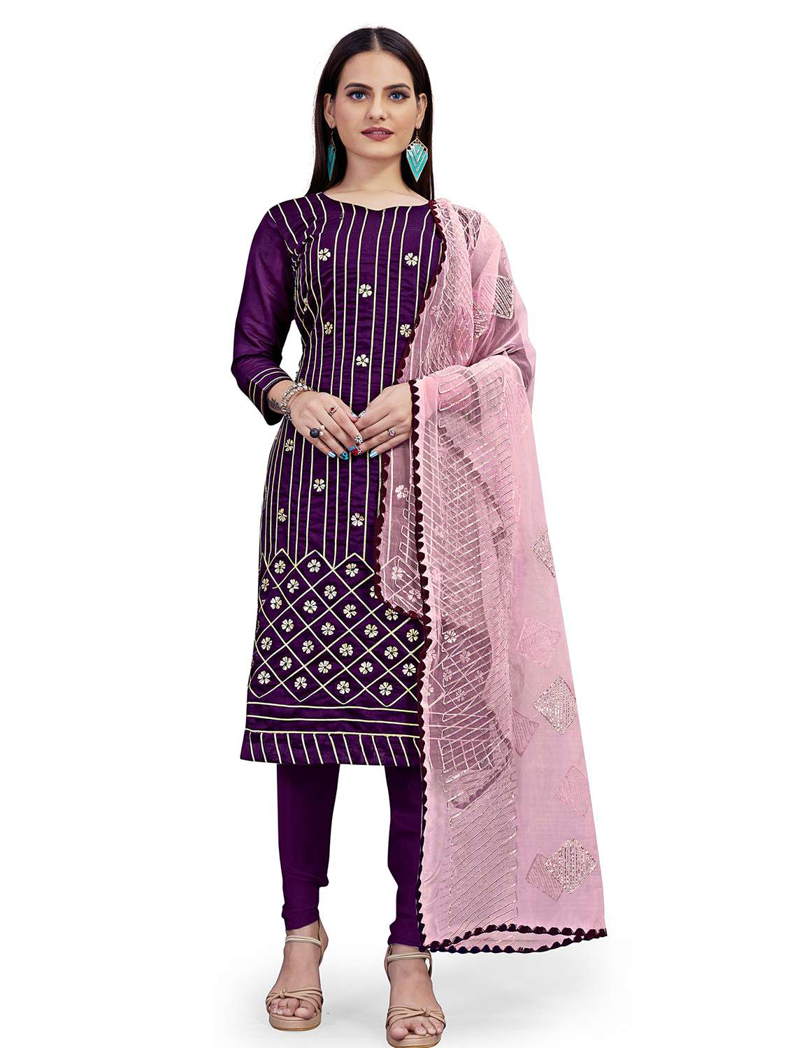 women solid with work unstitched suit set